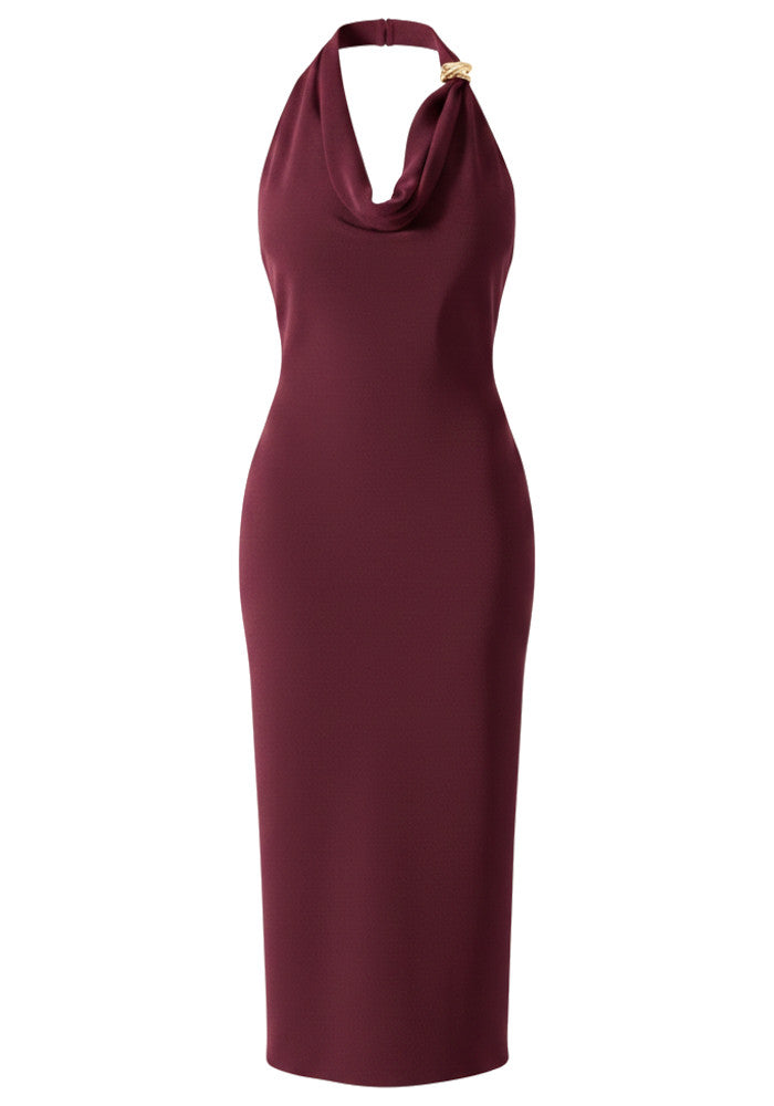 Halter Draped Design Midi Dress Burgundy