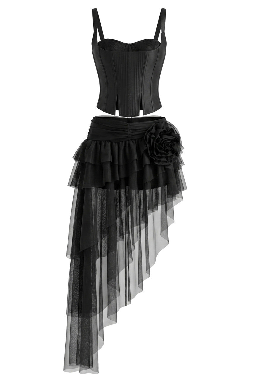 Mesh Ruffle Corset Two Piece Dress Black