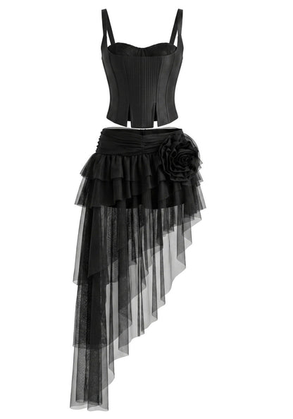 Mesh Ruffle Corset Two Piece Dress Black
