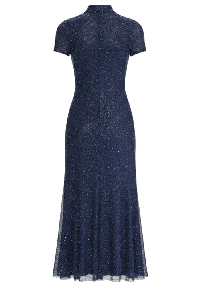 Short Sleeve Sparkly A Line Midi Dress Blue
