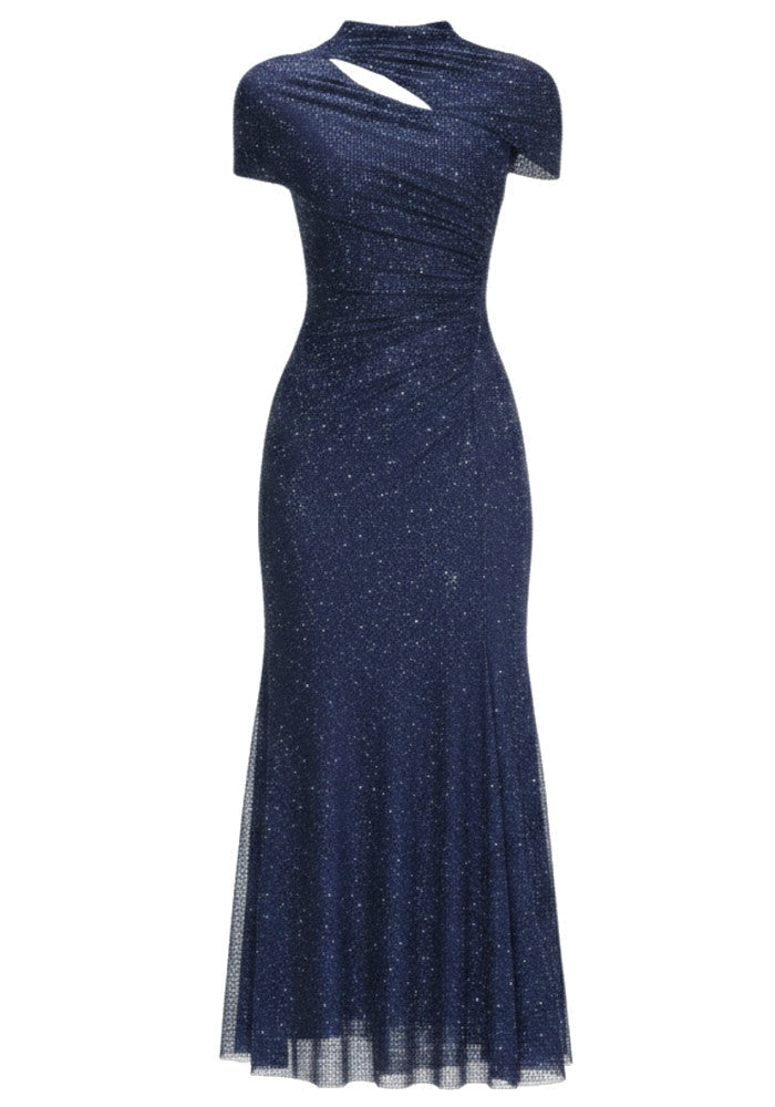 Short Sleeve Sparkly A Line Midi Dress Blue