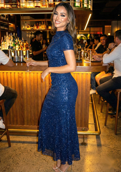 Short Sleeve Sparkly A Line Midi Dress Blue