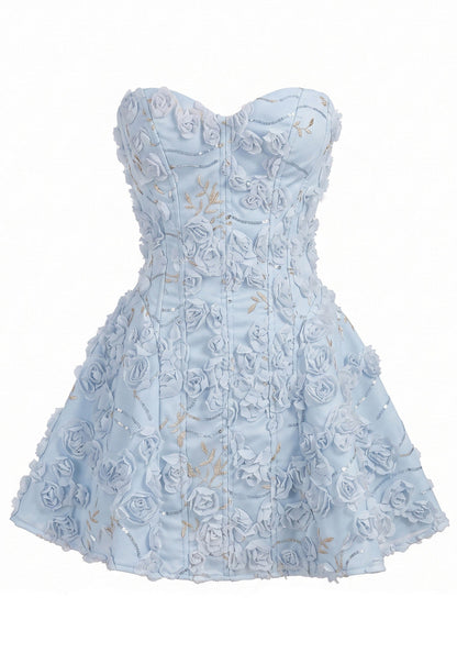 Strapless Floral Corset A Line Dress Blue