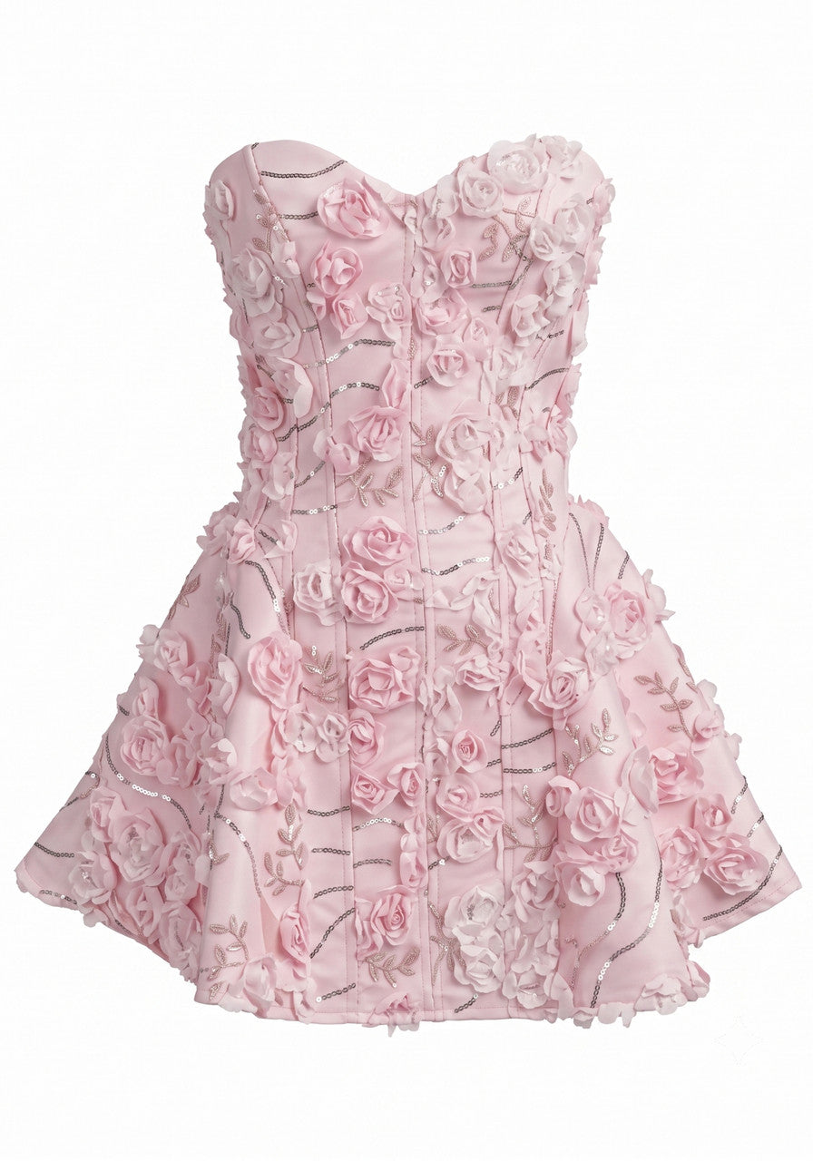 Strapless Floral Corset A Line Dress Pink