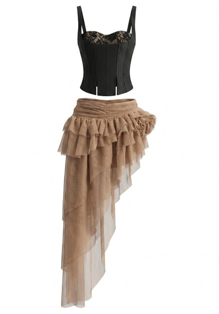 Lace Corset Ruffle Mesh Two Piece Maxi Dress in Black Brown, photo 1 - Deida's Fashion