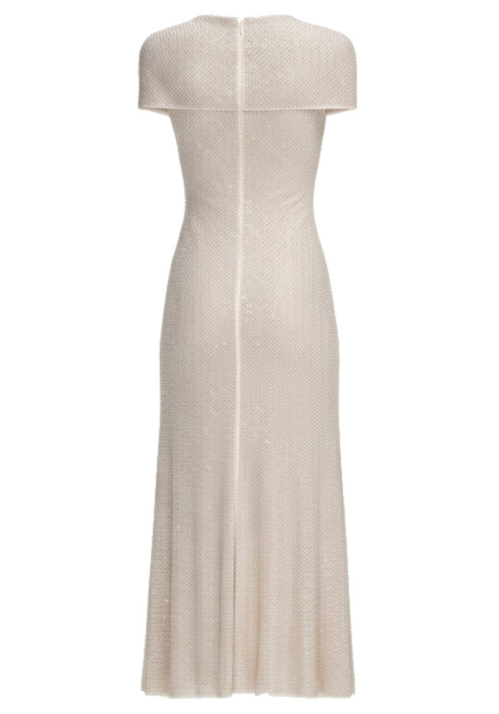 Short Sleeve Draped Sparkly Midi Dress in Ivory, photo 2 - Deida's Fashion