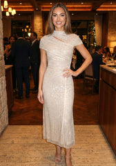 Short Sleeve Draped Sparkly Midi Dress in Ivory, photo 9 - Deida's Fashion