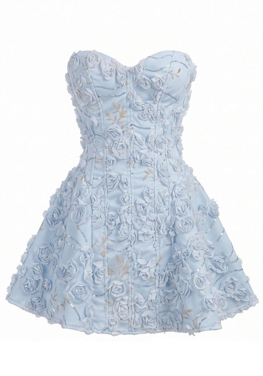 Strapless Floral Corset A-Line Dress in Blue, photo 1 - Deida's Fashion